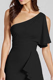 Black Satin One Shoulder Midi Cocktail Dress with Ruffles