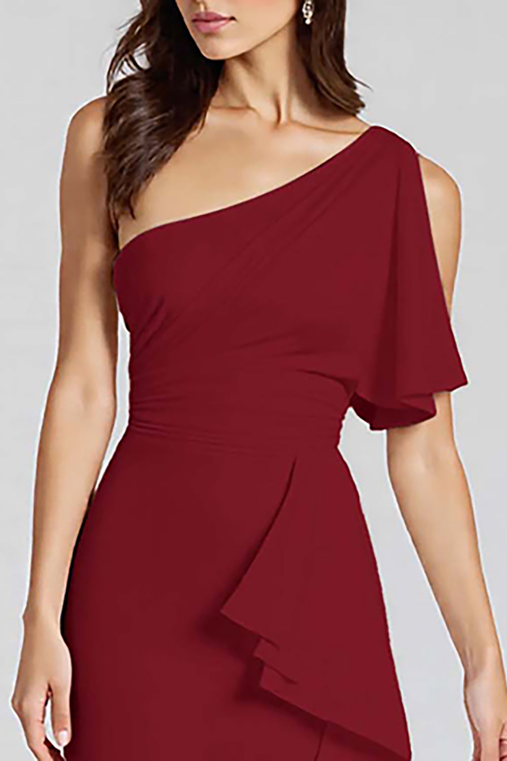 Black Satin One Shoulder Midi Cocktail Dress with Ruffles