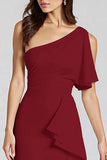 Black Satin One Shoulder Midi Cocktail Dress with Ruffles