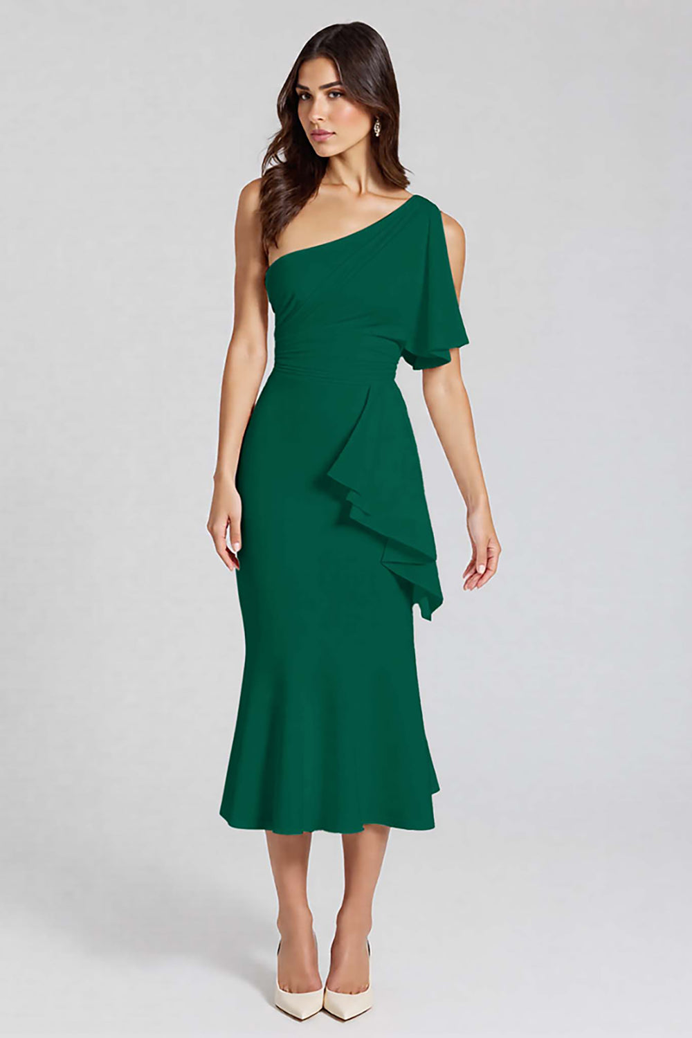 Dusty Blue One Shoulder Satin Midi Cocktail Dress with Ruffles
