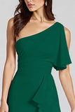 Black Satin One Shoulder Midi Cocktail Dress with Ruffles