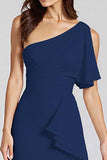 Dusty Blue One Shoulder Satin Midi Cocktail Dress with Ruffles