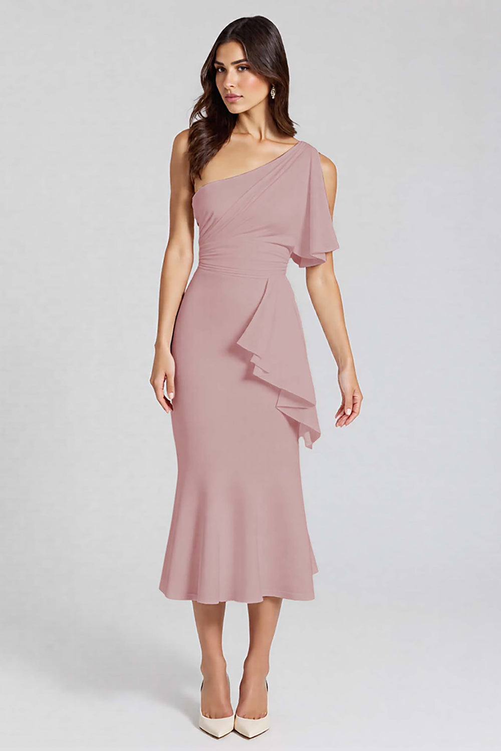 Dusty Blue One Shoulder Satin Midi Cocktail Dress with Ruffles