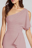 Dusty Blue One Shoulder Satin Midi Cocktail Dress with Ruffles