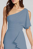 Dusty Blue One Shoulder Satin Midi Cocktail Dress with Ruffles