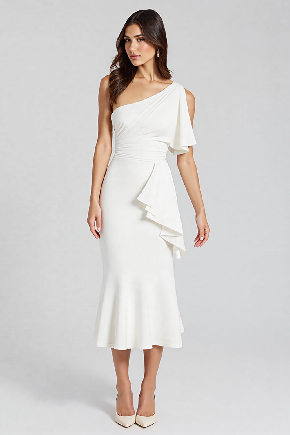 Dusty Blue One Shoulder Satin Midi Cocktail Dress with Ruffles