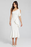 Dusty Blue One Shoulder Satin Midi Cocktail Dress with Ruffles