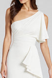 Dusty Blue One Shoulder Satin Midi Cocktail Dress with Ruffles
