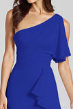 Black Satin One Shoulder Midi Cocktail Dress with Ruffles