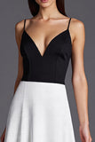 Black and White Patchwork A Line Satin Long Formal Dress