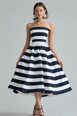 Navy White Stripe A Line Strapless Midi Cocktail Dress