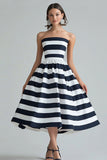 Navy White Stripe A Line Strapless Midi Cocktail Dress