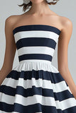 Navy White Stripe A Line Strapless Midi Cocktail Dress