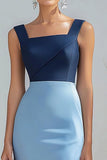 Blue Patchwork Satin Long Formal Dress with Slit