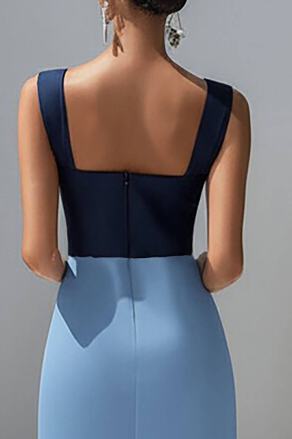 Blue Patchwork Satin Long Formal Dress with Slit
