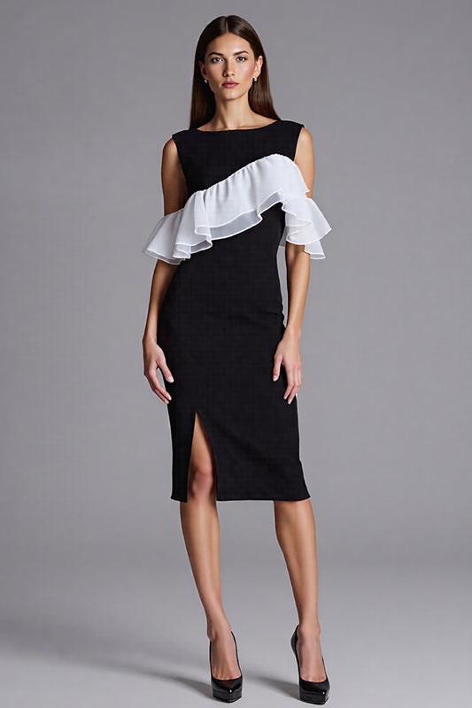 Black and White Satin Bodycon Midi Cocktail Dress with Ruffles
