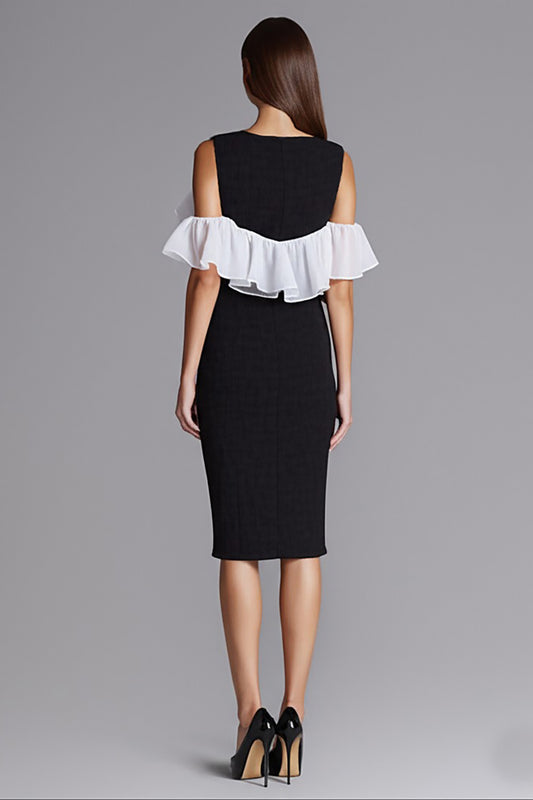 Black and White Satin Bodycon Midi Cocktail Dress with Ruffles
