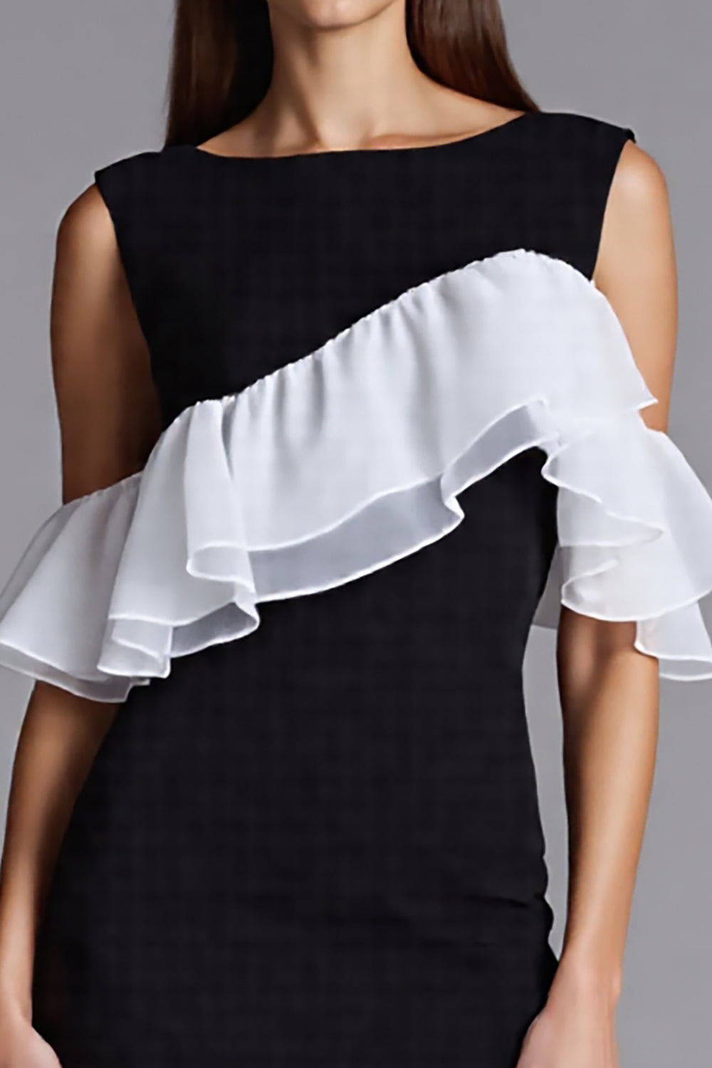Black and White Satin Bodycon Midi Cocktail Dress with Ruffles