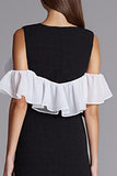 Black and White Satin Bodycon Midi Cocktail Dress with Ruffles