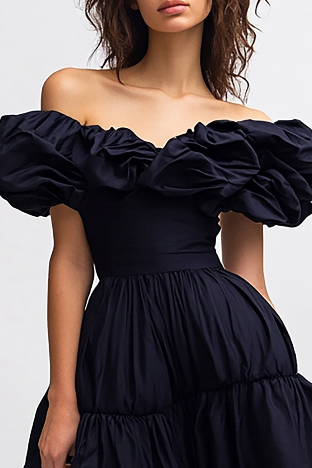 Black Satin A Line Off the Shoulder Midi Cocktail Dress with Ruffles