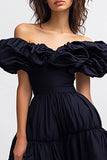 Black Satin A Line Off the Shoulder Midi Cocktail Dress with Ruffles