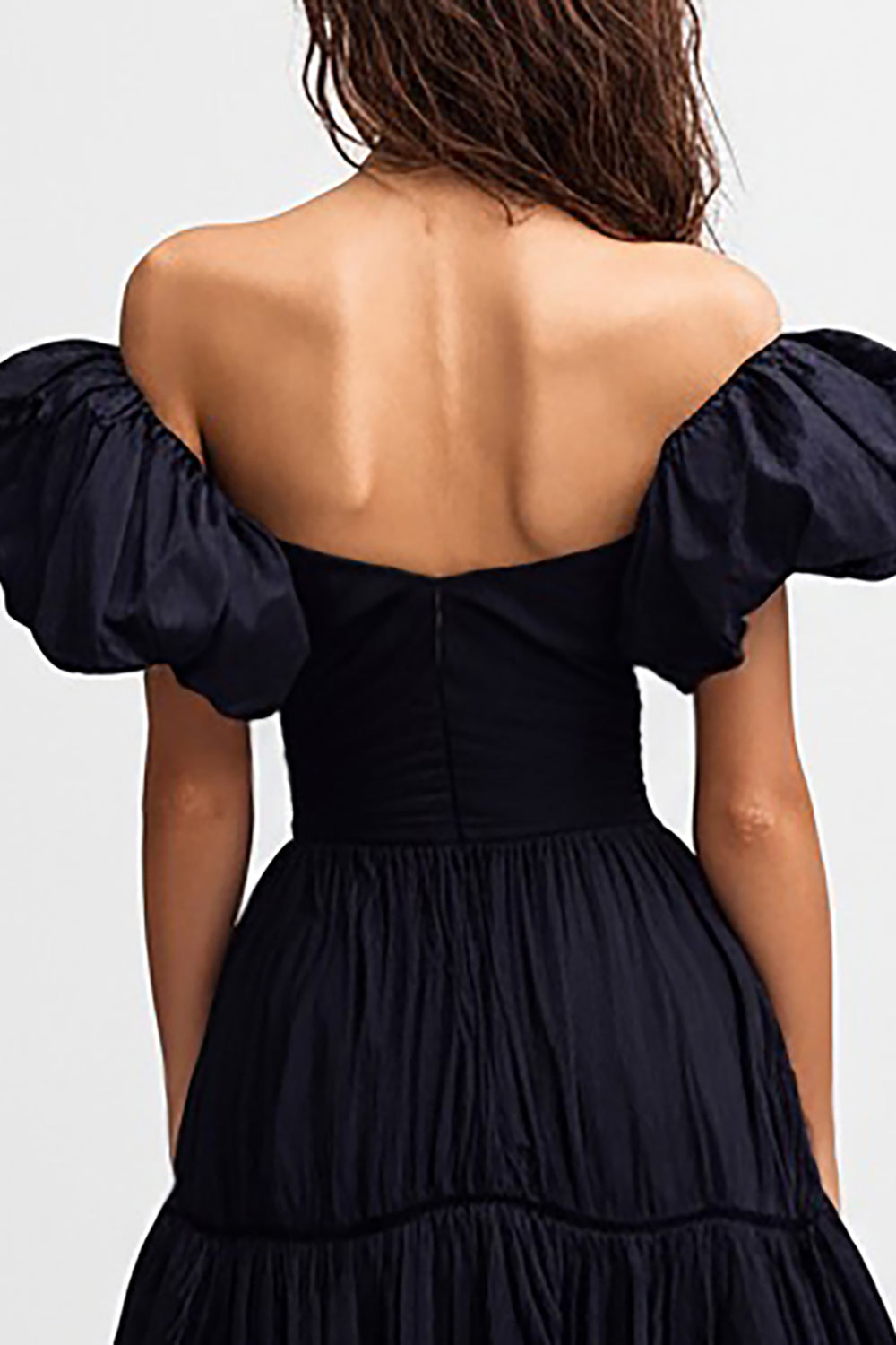 Black Satin A Line Off the Shoulder Midi Cocktail Dress with Ruffles
