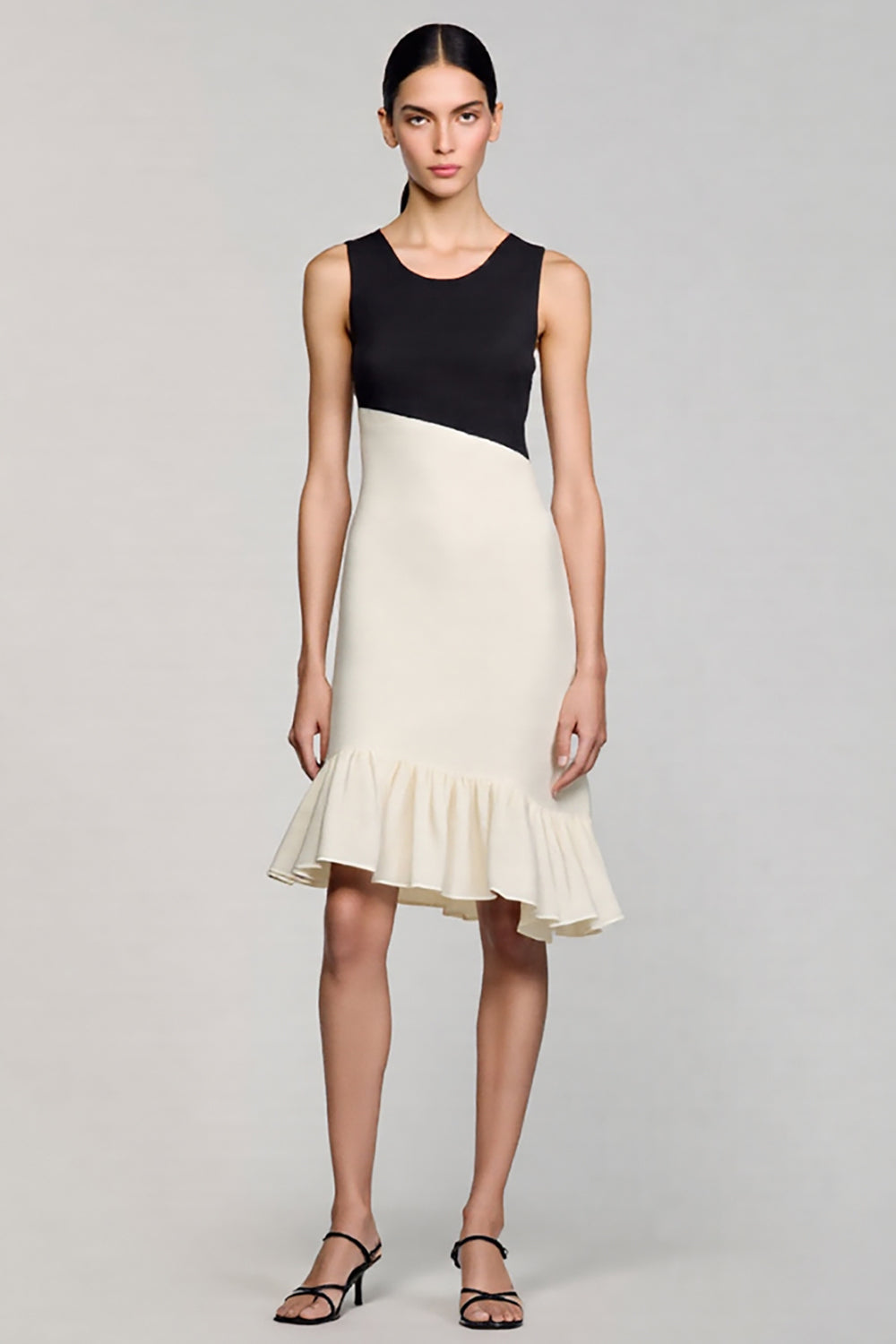 Black and White Satin Midi Cocktail Dress with Ruffles