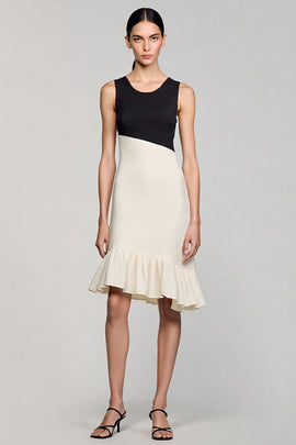 Black and White Satin Midi Cocktail Dress with Ruffles