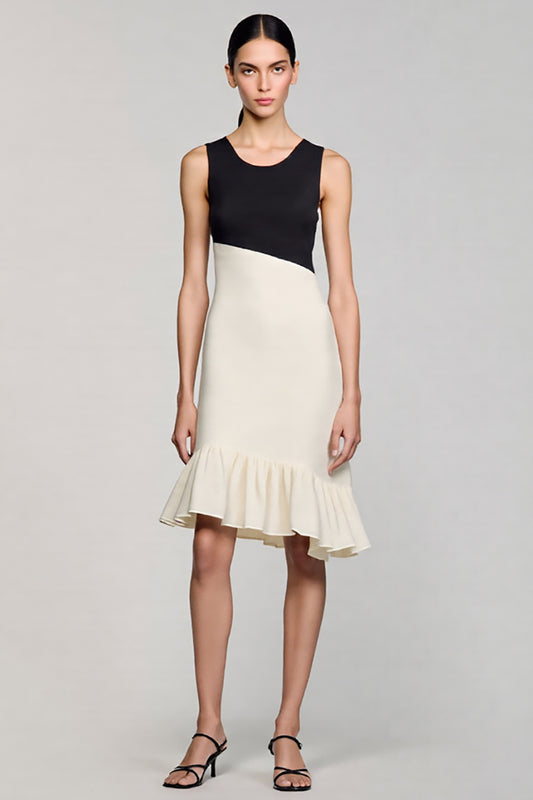 Black and White Satin Midi Cocktail Dress with Ruffles