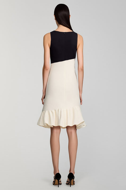 Black and White Satin Midi Cocktail Dress with Ruffles