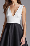 Black and White Patchwork Satin A Line Midi Cocktail Dress