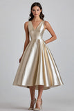 Champagne V-Neck A Line Midi Cocktail Dress