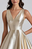 Champagne V-Neck A Line Midi Cocktail Dress