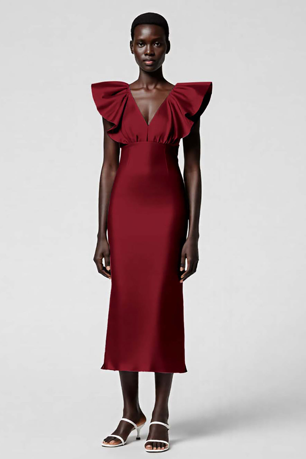 Black Satin Sheath Midi Cocktail Dress with Ruffles