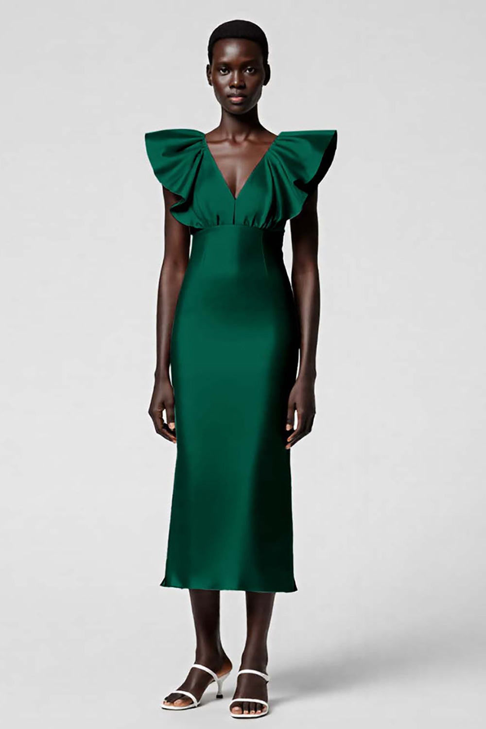 Black Satin Sheath Midi Cocktail Dress with Ruffles