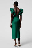 Black Satin Sheath Midi Cocktail Dress with Ruffles