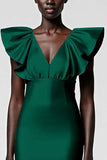 Black Satin Sheath Midi Cocktail Dress with Ruffles