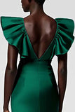 Black Satin Sheath Midi Cocktail Dress with Ruffles