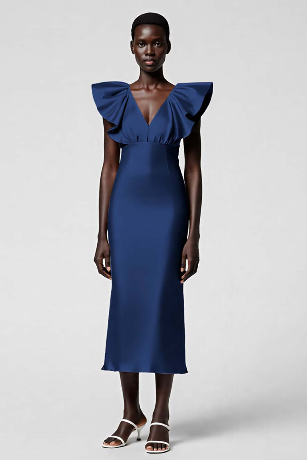 Black Satin Sheath Midi Cocktail Dress with Ruffles