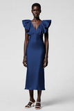 Black Satin Sheath Midi Cocktail Dress with Ruffles