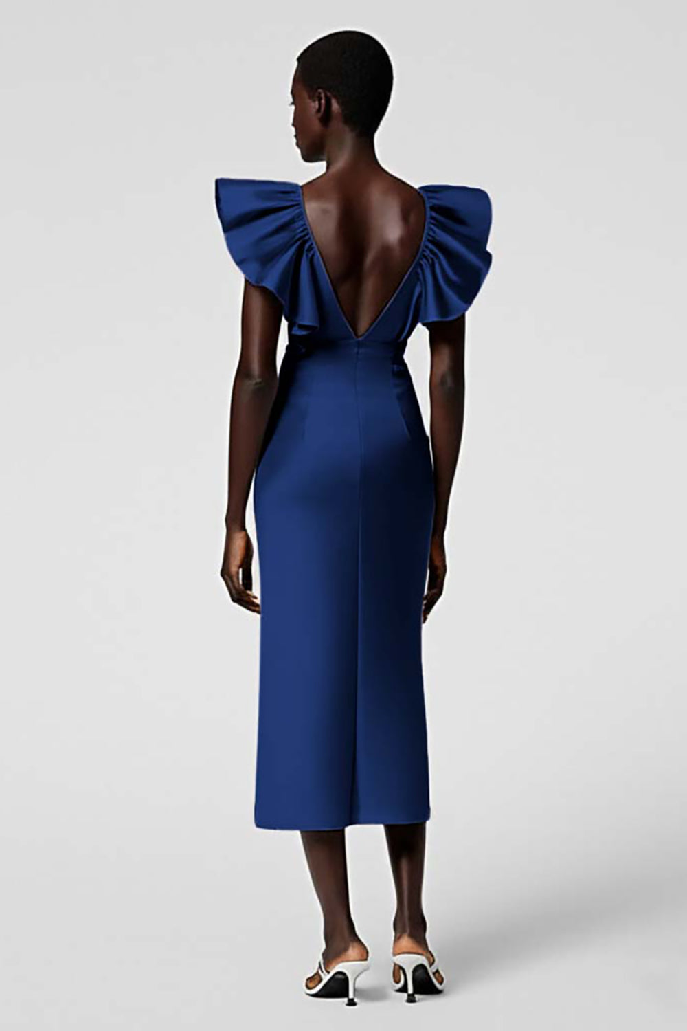 Black Satin Sheath Midi Cocktail Dress with Ruffles