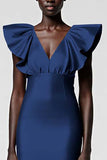Black Satin Sheath Midi Cocktail Dress with Ruffles