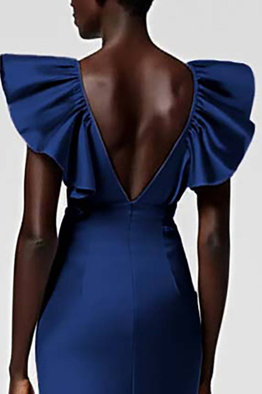Black Satin Sheath Midi Cocktail Dress with Ruffles