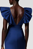 Black Satin Sheath Midi Cocktail Dress with Ruffles