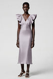 Black Satin Sheath Midi Cocktail Dress with Ruffles