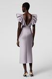 Black Satin Sheath Midi Cocktail Dress with Ruffles