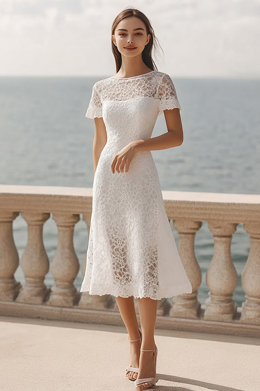 Ivory Lace A Line Maxi Rehearsal Dinner Dress with Sleeves