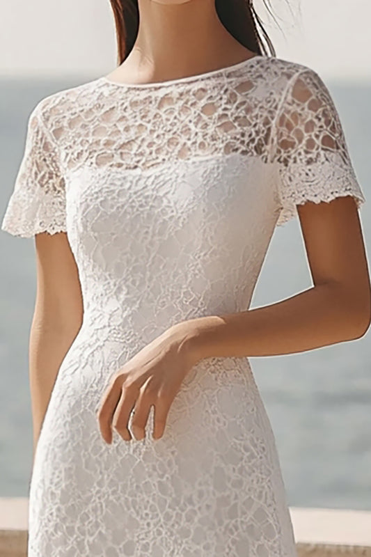 Ivory Lace A Line Maxi Rehearsal Dinner Dress with Sleeves