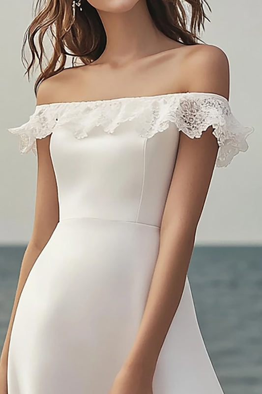 Ivory Satin A Line Maxi Wedding Reception Dress with Lace