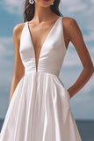 Simple Ivory Deep V-Neck Satin Maxi Wedding Reception Dress